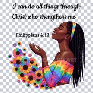 A digital illustration of a woman with dark skin and long, wavy black hair, styled with a decorative clip. She is shown from the chest up, with her eyes closed and her hands clasped together in front of her, as if in prayer or meditation. She wears a vibrant, off-the-shoulder top with a colorful, abstract pattern. Behind her left shoulder is a cluster of sunflowers and white roses. With God timing is perfect.