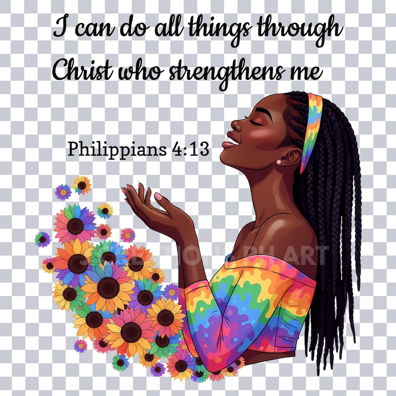 A digital illustration of a woman with dark skin and long, wavy black hair, styled with a decorative clip. She is shown from the chest up, with her eyes closed and her hands clasped together in front of her, as if in prayer or meditation. She wears a vibrant, off-the-shoulder top with a colorful, abstract pattern. Behind her left shoulder is a cluster of sunflowers and white roses. With God timing is perfect.