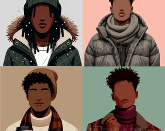 May include: Four-panel illustration featuring stylized portraits of individuals in winter attire. Each portrait showcases a different outfit: a green parka with a fur-lined hood, a gray puffer jacket, a brown beanie with a scarf, and a plaid blazer.