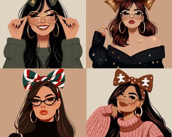 Christmas Women Clipart Bundle, Holiday Girls with Festive Bows PNG, Digital Fashion Woman Illustrations  for Card Making, Crafts, Planners