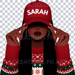 May include: Illustration of a person wearing a red baseball cap with the name "SARAH" in white. The person is also wearing a red sweater with a white and green pattern. The nails are painted red and white.