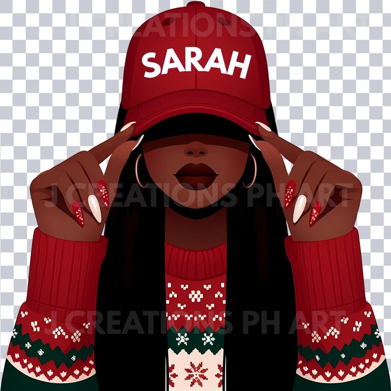 May include: Illustration of a person wearing a red baseball cap with the name "SARAH" in white. The person is also wearing a red sweater with a white and green pattern. The nails are painted red and white.