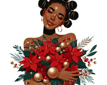Poinsettia Woman Christmas Clipart: Holiday Floral PNG, Christmas Sublimation, Festive Melanin Girl Illustration, Cards  (Digital Download)