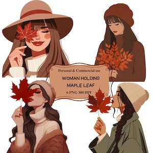 May include: Digital illustration featuring four women with autumn-themed attire. Each woman is holding a red maple leaf or a bundle of orange leaves. The image includes text that reads "WOMAN HOLDING MAPLE LEAF".