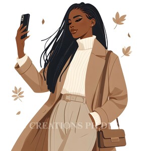 Black Woman Fall Clipart, Neutral Autumn Fashion and Activities, Cozy Planner Design, Fashionable Black Girl for Journals, Stickers, Crafts