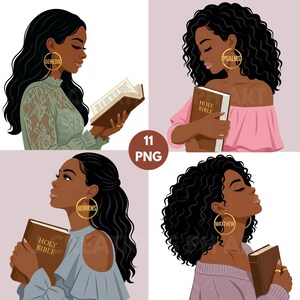 Christian Black Woman Clipart Bundle, Afro Girl Reading Bible PNG (Digital Download)