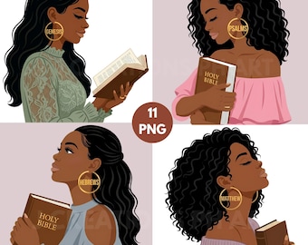 Christian schwarze Frau Clipart Bundle, Afro Mädchen Lese Bibel PNG (digitaler Download)