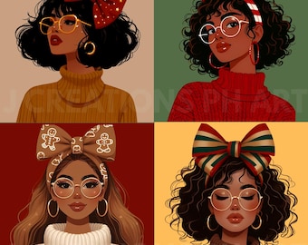 13 Christmas Afro Woman Clipart Bundle, Stylish Black Girl with Bow, Holiday Sublimation PNG for Crafts, Junk Journal, Stickers, Card Making