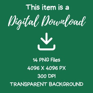 May include: A green background with white text that reads "This item is a Digital Download." Below the text is a white download icon. The image also states "14 PNG Files, 4096 X 4096 PX, 300 DPI, TRANSPARENT BACKGROUND."