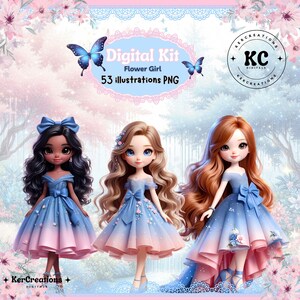Cute flower girl clipart bundle, digital illustrations png files, digital download