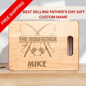 Fishing Dad Cutting Board – The Rodfather Personalized Gift for Fisherman – Funny Father’s Day Gift – Custom Maple Engraved Board