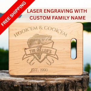 Fishing Gift Personalized Cutting Board – Hookem & Cookem Family Name Engraved Maple Board – Funny Gift for Fishermen