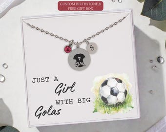 Personalized Soccer Player Birthstone Initial Necklace, Custom Jersey Number Charm for Girls