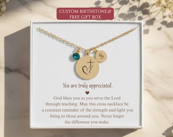 Personalized Teacher Appreciation Necklace with Initial & Birthstone, Cross Charm Thank You Gift, Christian Catholic Religious Jewelry