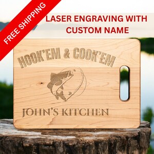 Personalized Fishing Cutting Board – Hook&#39;em & Cook&#39;em Gift for Fisherman – Custom Maple Kitchen Board for Dad, Husband, or Grill Master