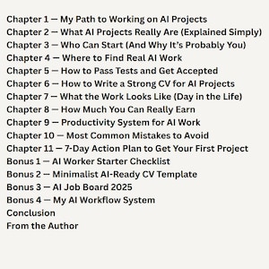 May include: A list of chapter titles and bonus sections related to AI projects, including topics like finding work, writing a CV, and productivity systems. The text is in a sans-serif font on a light background.