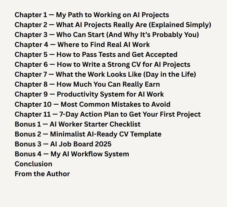 May include: A list of chapter titles and bonus sections related to AI projects, including topics like finding work, writing a CV, and productivity systems. The text is in a sans-serif font on a light background.