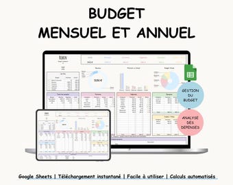 Könnte beinhalten: Ein Laptop und ein Tablet zeigen eine Budget-Tabelle mit dem Text "BUDGET MENSUEL ET ANNUEL". Die Tabelle enthält Diagramme und Tabellen zur Finanzverfolgung. Zusätzlicher Text lautet "GESTION DU BUDGET" und "ANALYSE DES DEPENSES".