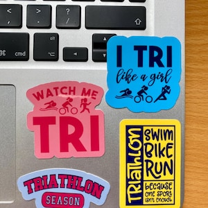 Triathlon Stickers | I Tri Like a Girl, Watch Me Tri, Triathlon Season | Swim Bike Run Gifts for Triathletes & Ironman Fans |Triathlon gifts