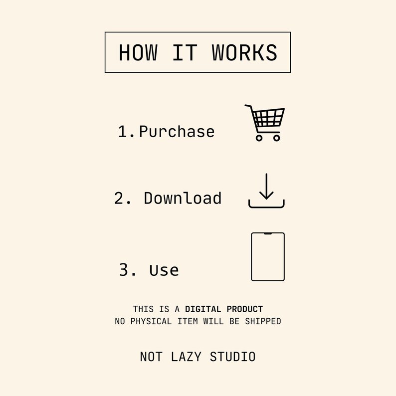 May include: A cream-coloured graphic with the text "HOW IT WORKS" at the top. Below, numbered steps explain the process: Purchase, Download, and Use. Icons include a shopping cart, a downward arrow, and a smartphone. The text "THIS IS A DIGITAL PRODUCT NO PHYSICAL ITEM WILL BE SHIPPED" is also included.