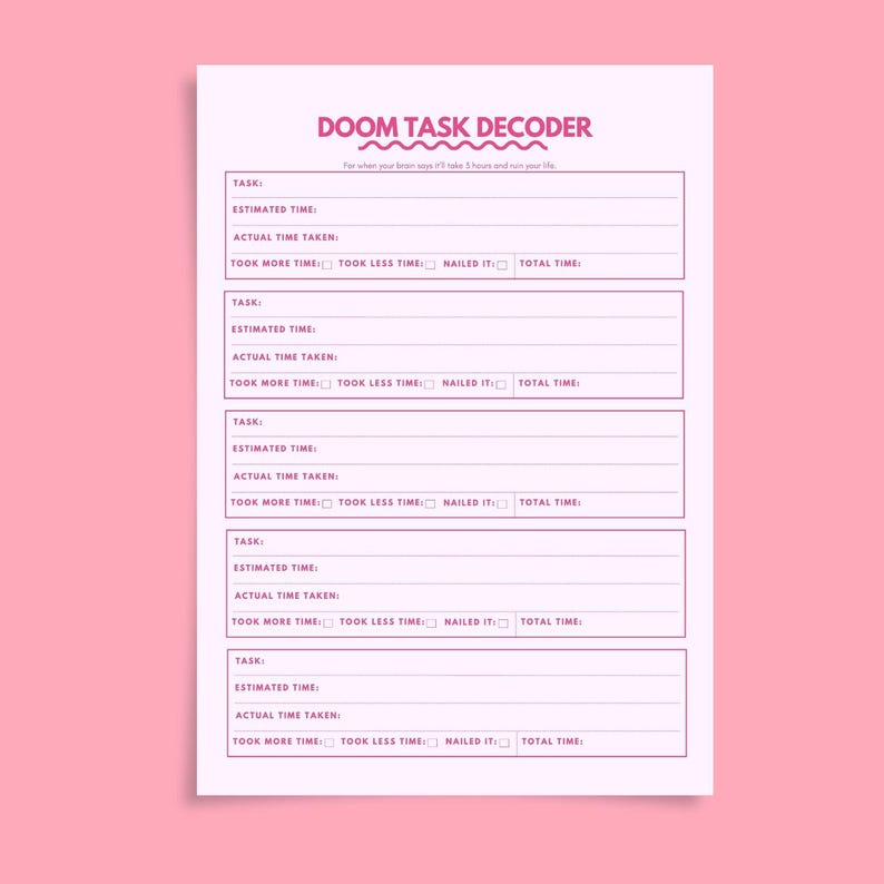 May include: A pink and white planner labelled "DOOM TASK DECODER" with sections for tasks, estimated time, and actual time taken. Includes checkboxes for time assessment and a total time section. The planner is designed to help organize tasks.