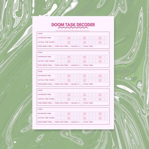 May include: A pink planner titled "DOOM TASK DECODER" with sections for tracking task time. The planner has a white background with a green marble design. The text is in a dark pink colour.