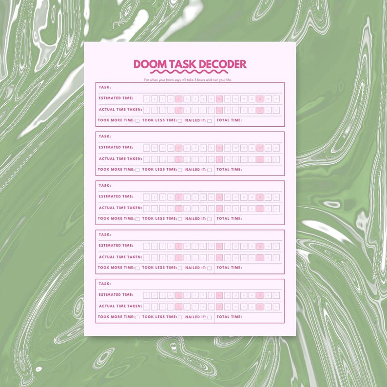 May include: A pink planner titled "DOOM TASK DECODER" with sections for tracking task time. The planner has a white background with a green marble design. The text is in a dark pink colour.