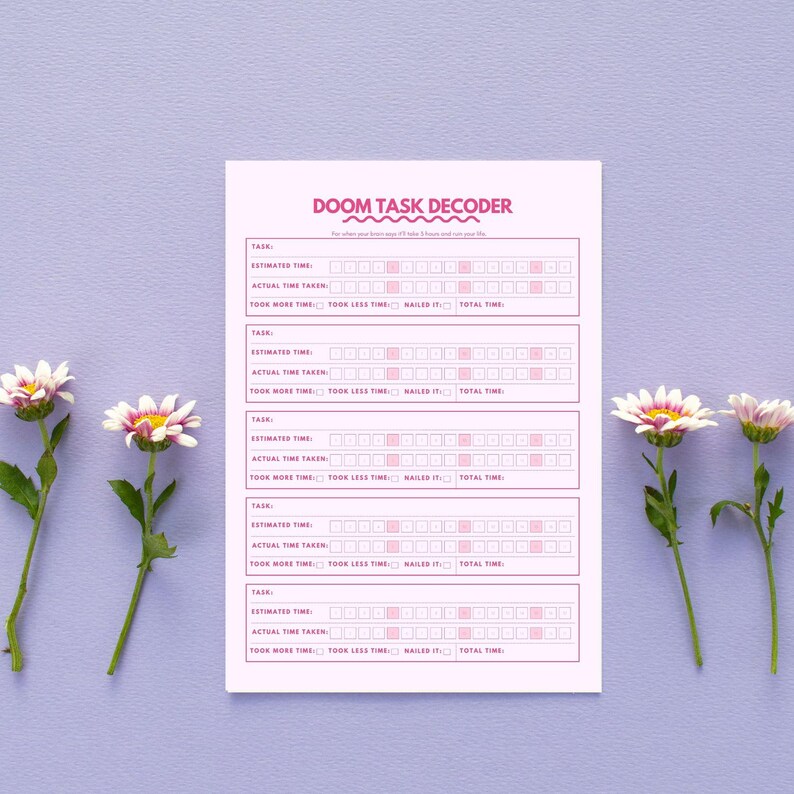 May include: A pink task decoder sheet with the text "DOOM TASK DECODER". The sheet is designed for tracking tasks, estimated time, and actual time taken. White and pink daisies are on the left and right sides of the sheet.