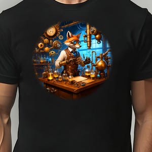 May include: Black t-shirt with a detailed illustration of a fox in a steampunk laboratory. The fox, wearing goggles and a waistcoat, is surrounded by scientific equipment, gears, and glass bottles. The artwork has a vintage, detailed style.