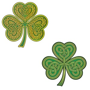 May include: Two shamrock designs with Celtic knot patterns. One shamrock is green with gold accents, the other is green with yellow accents. The leaves are heart-shaped, and the stems are curved.