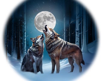Two Wolves Howling at Moon Print: Winter Forest Scene (Digital Download PNG & JPG)