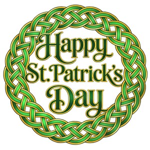 Può includere: Grafica circolare per la festa di San Patrizio con un bordo a nodo celtico verde e oro. Le parole "Happy St. Patrick's Day" sono scritte in verde all'interno, celebrando la festa irlandese.