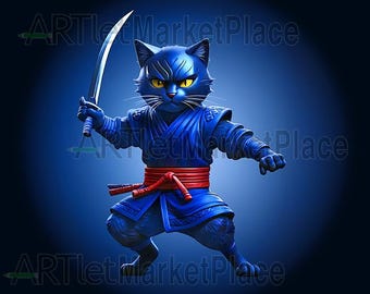 忍者猫PNG | カタナを持ったサムライ猫のクリップアート | ステルス