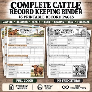 Puede incluir: Un conjunto completo de carpetas para el registro de ganado con 16 páginas imprimibles. Incluye versiones a todo color y en blanco y negro de formularios de registro individual de vacas con secciones de identificación, cría y salud.