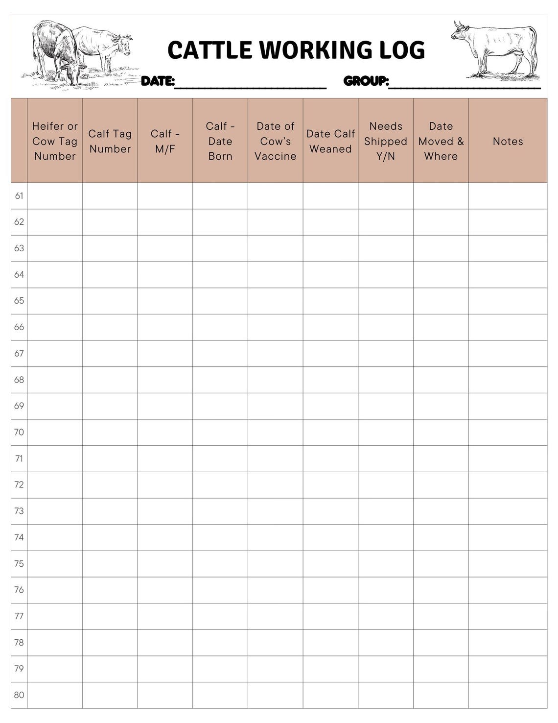 Cattle Working Log – Printable Calf & Cow Tracking Sheet - Etsy