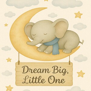 Verträumte Kinderzimmer Wand Kunst Set 4 druckbare 8x10 ”Digitale Downloads | Baby Elefant auf Mond, süße Träume, funkelnder Stern High-Resolution 300 DPI