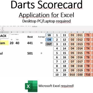 Könnte beinhalten: Ein Screenshot einer Microsoft Excel-Tabelle mit einer Darts-Scorecard. Die Tabelle enthält Spalten für "Rest", "Durchschnitt", "SB", "DB", "OUT", "1", "11", "D1", "D11", "T1", "T11" usw. Die Tabelle hat zwei Spieler, "Adam" und "Paul". Der Text "Microsoft Excel erforderlich!" befindet sich am unteren Rand der Tabelle.