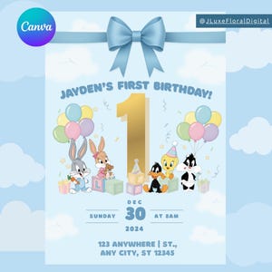 May include: A light blue birthday invitation with a cartoon theme. The invitation features the text "JAYDEN'S FIRST BIRTHDAY!" and the number "1". Cartoon characters include Bugs Bunny, Lola Bunny, Daffy Duck, Tweety Bird, and Sylvester. The date is December 30, 2024.