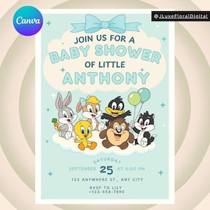 May include: A baby shower invitation featuring cartoon characters. The invitation has a light blue background with a cloud-shaped text box that reads "Baby Shower of Little Anthony." The date and time are also included.