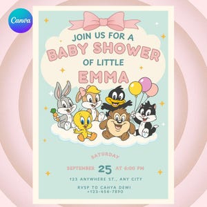 Zaproszenie na baby shower dla dziewczynki w stylu Vintage Looney Tunes | Różowy cyfrowy do pobrania | Edytowalny szablon Canva | Wydrukowane zaproszenie z kreskówek