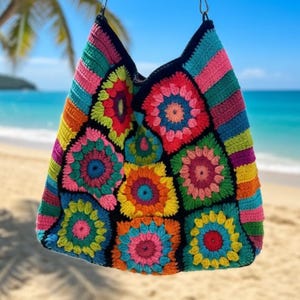Colorful crochet bohemian style extra large  tote , with lining and pocket .