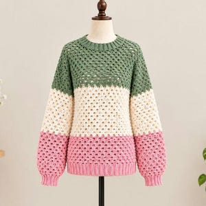 Handmade Crochet Sweater Pattern For Beginners Color Block Women Pullover 6 Sizes XS-5XL PDF Digital Download