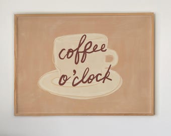 Coffee O'clock Print, Coffee Bar Printable, Coffee Lover Neutral Wall Art, Minimalist Boho Home Decor (Digital Download, Horizontal)