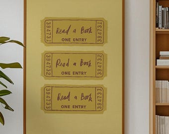 Ticket Stub Reading Wall Art: Vintage Yellow Bookish Print for Kids Room, Nursery, Library (Digital Download, Vertical)