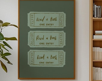 Ticket Stub Reading Wall Art: Vintage Green Bookish Print for Kids Room, Nursery, Library (Digital Download, Vertical)