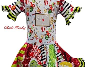 SALE Grinchy Boutique RTS Ready to SHIP Custom made Christmas Dress girls knit applique embroidery twirl Cindy holiday pageant 8 9 10