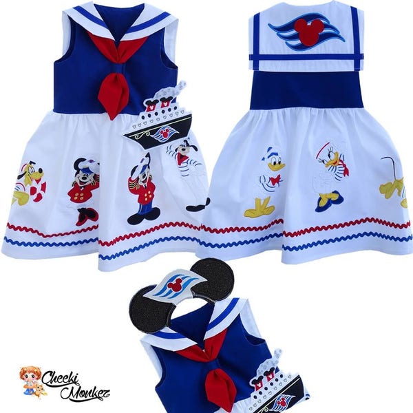 Boutique Custom Red White Blue Mickey Minnie Cruise Mouse Applique Magical Nautical Vacation Sailor Dress 2/3/4/5/6/7/8/9/ Patriotic Pageant