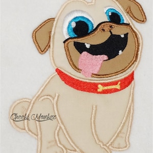 May include: Embroidered patch of a cartoon pug with big blue eyes, a pink tongue sticking out, and a red collar with a yellow bone. The patch is beige and brown.