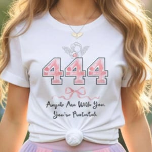 May include: A white short-sleeve t-shirt featuring the number 444 in a pink checkered pattern, a small angel graphic, a pink ribbon illustration, and the text "Angels Are With You You're Protected" printed in black script lettering on the front.