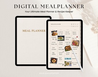 May include: Two digital tablets displaying a meal planner. One tablet shows a blank meal planner, while the other displays a meal plan with meal options and the text "DIGITAL MEALPLANNER" and "Your Ultimate Meal Planner & Recipe Keeper". A stylus is on the screen.